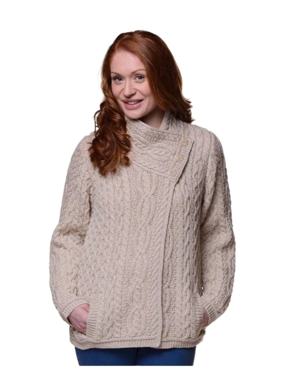 Aran Mor Ireland 100% Merino Wool Asymmetric Cable Knit Cardigan Sweater Cream M